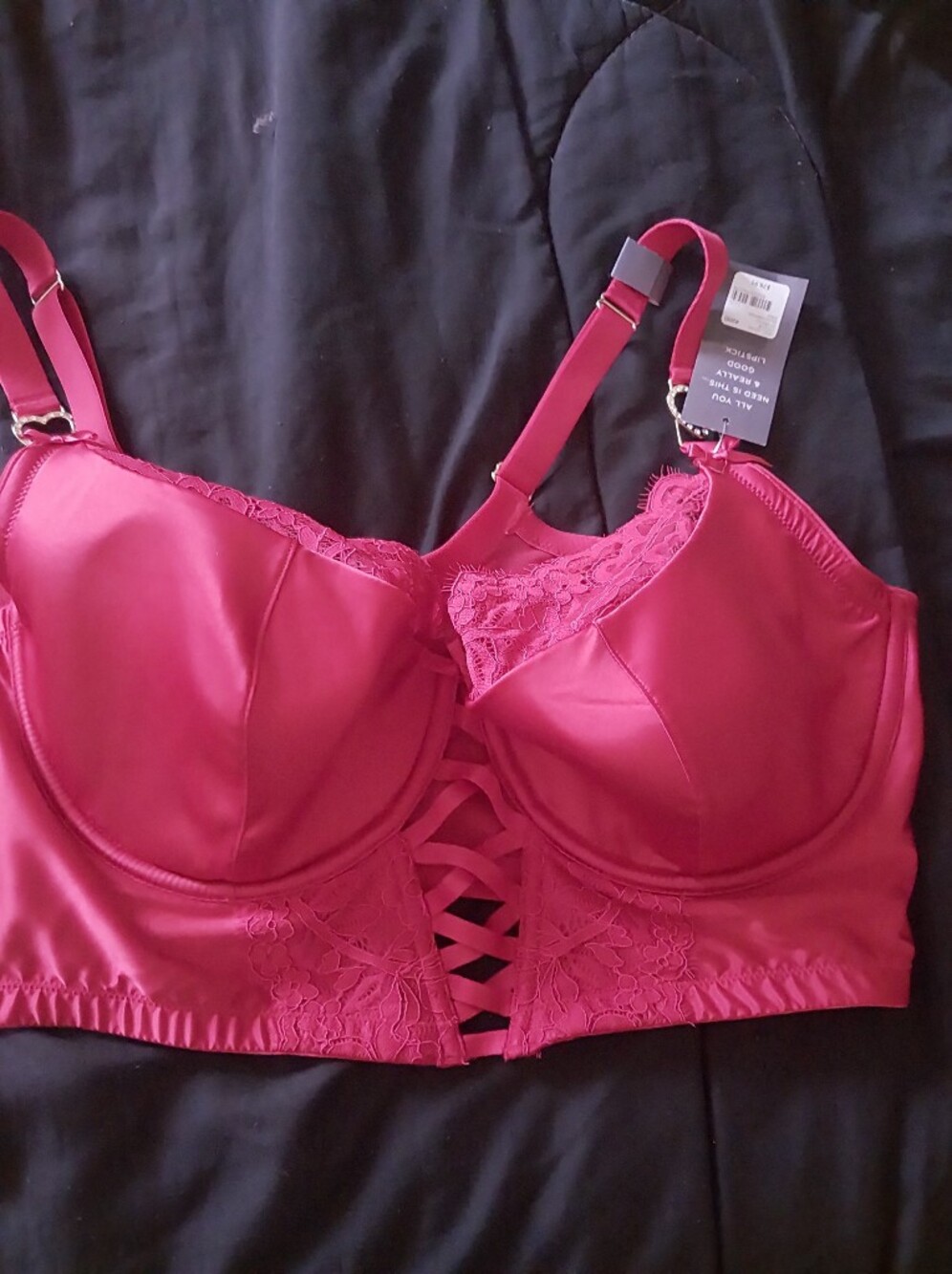 Women's Lace Trim Satin Bra - Red